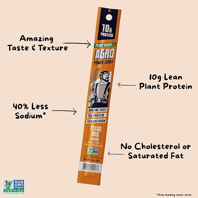 AGRO POWER Vegan Jerky Sticks ??Texas BBQ Flavor ??7-Stick Bag of Plant-Based Jerky with 10g