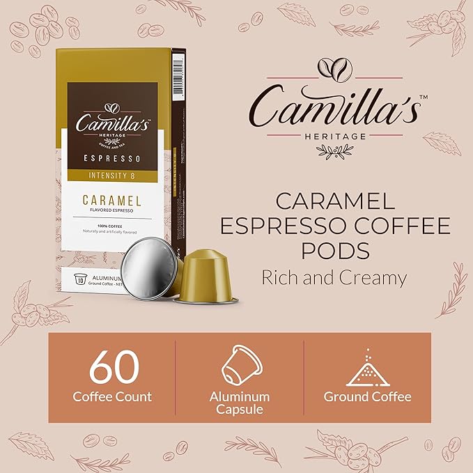 Camilla’s Heritage - Intensity 8 Caramel Flavored Espresso Coffee, Gourmet Espresso Cups, 60 Coffee