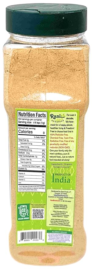 Rani Organic Ginger (Adarak) Powder Ground, Spice 14oz (400g) PET Jar ~ All Natural | Vegan |