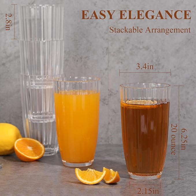Acrylic Clear Highball Plastic Cups | Plastic Reusable Tumblers 20oz (Set of 6) | Stackable |