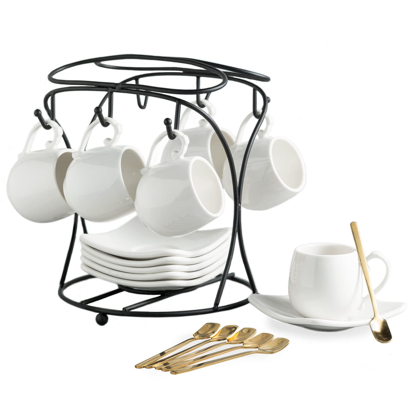 LYEOBOH Espresso Cups with Saucers Set, Porcelain Coffee Cups and Metal Stand and Spoons, Small