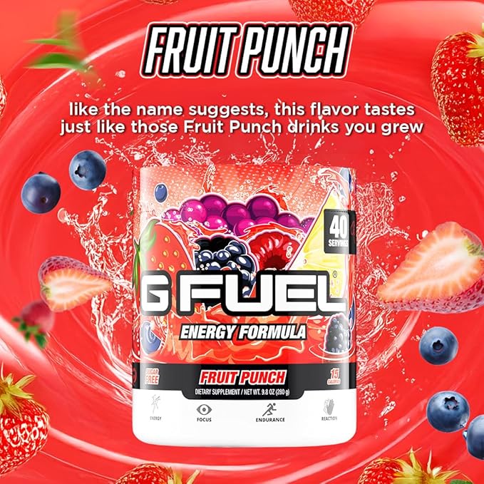 G Fuel Fruit Punch Energy Drink Powder, Pre Workout Caffeine Mix for Gaming, Sugar Free Focus