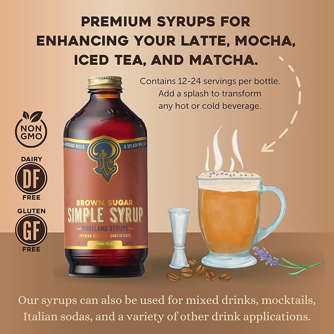 Portland Syrups Brown Sugar Simple Syrup - Drink Mix for Crafting Cocktails, Sugar Syrup for