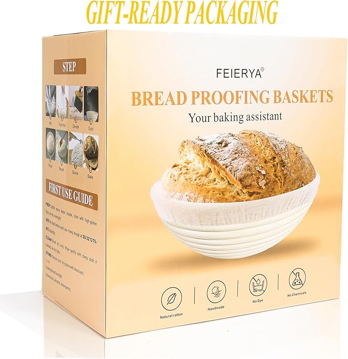 9 & 10 Inch Banneton Bread Proofing Basket Set with Liners,Dough Scraper,Bread Lame & Danish Whisk