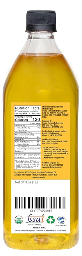 Daana Sunflower Oil: Certified USDA Organic, Extra Virgin, Cold Pressed, High Oleic, Non-GMO.