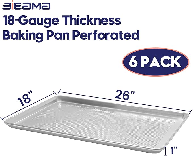 6 Pack Full Size 18" x 26" Aluminum Baking Sheet Pan Perforated, Commercial Bakery Equipment Cookie
