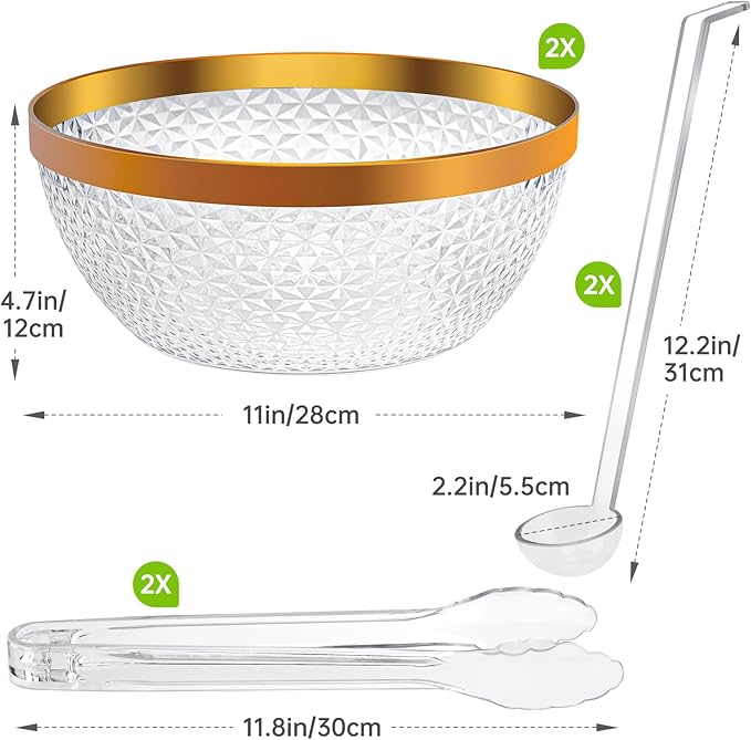 NiHome Gold Trim Clear Plastic Punch Bowl with Ladle and Tong for Parties, Weddings, BBQs, 1.4