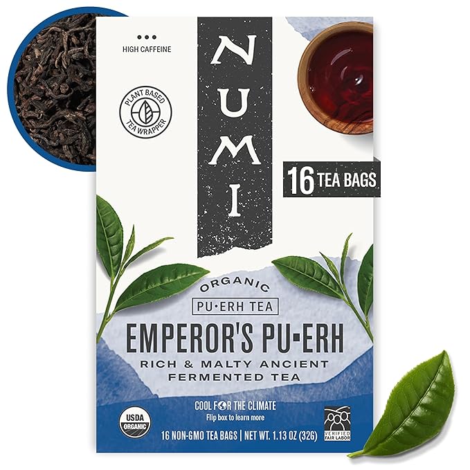 Numi Organic Emperor's Pu-erh Tea, 16 Tea Bags, Aged Fermented Yunnan Black Tea, Caffeinated