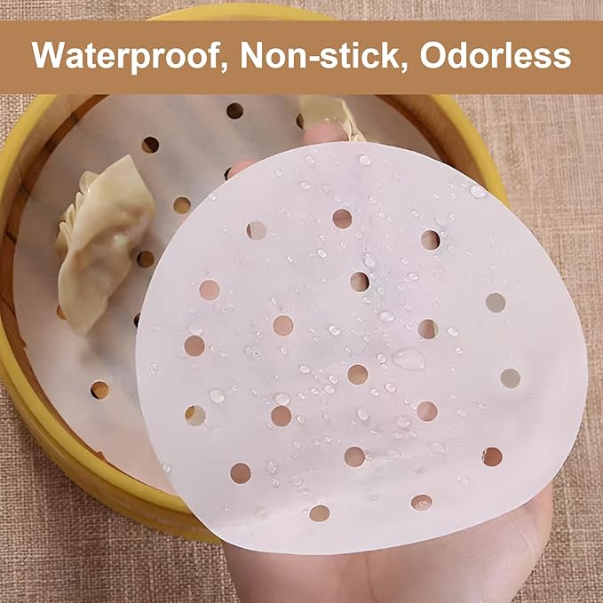 200pcs Air Fryer Liners, 5 inches Bamboo Steamer Liners, Premium Perforated Parchment Steaming
