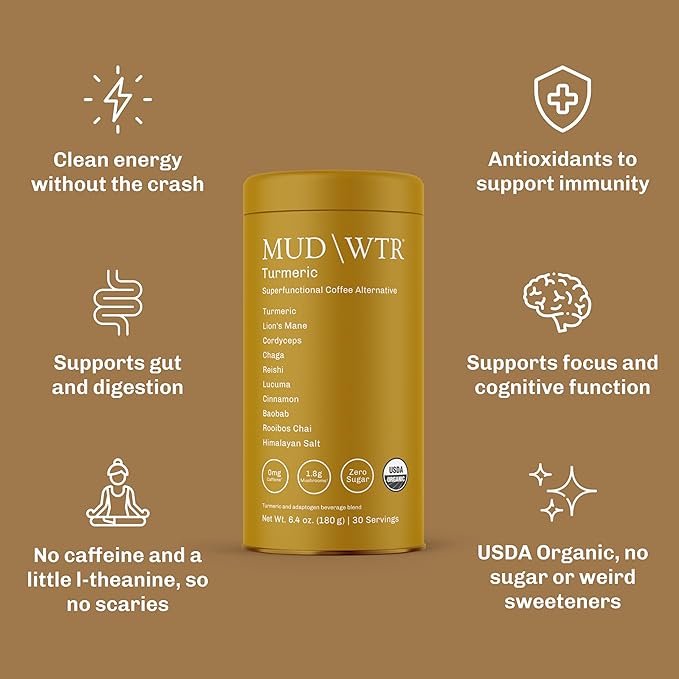 MUD\WTR Turmeric Decaf Mushroom Drink | Zero Caffeine | USDA Organic Mushroom Coffee Alternative |