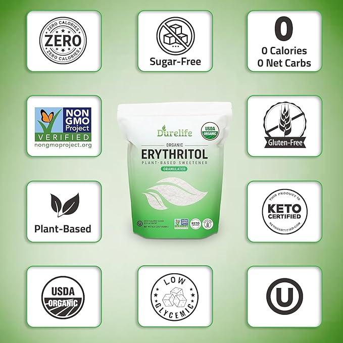 Durelife USDA organic erythritol sweetener, non gmo verified, Keto certified, No After Taste