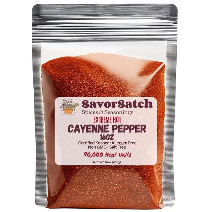 SavorSatch Ground Cayenne Chili Pepper - 90,000 SHU Extreme Heat, 16oz Stand-Up Resealable Pouch |