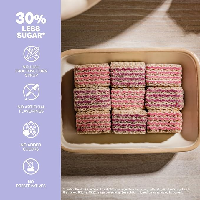 Loacker Quadratini Blueberry Yogurt Wafer Cookies LARGE - 30% Less Sugar - Premium Crispy Bite Size