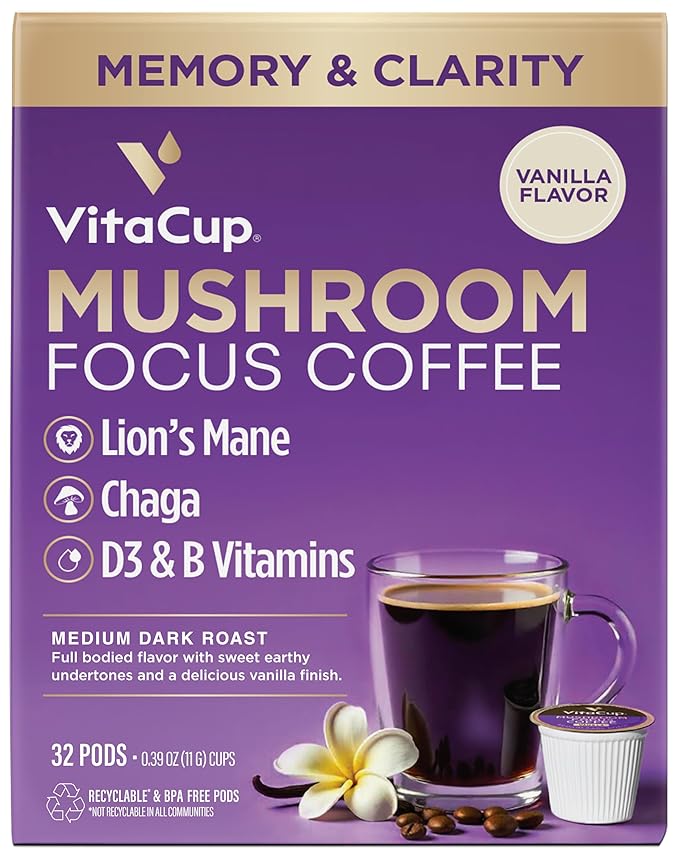 VitaCup Focus Mushroom Coffee Pods, Vanilla Flavored Coffee with Chaga, Lion’s Mane, Vitamins