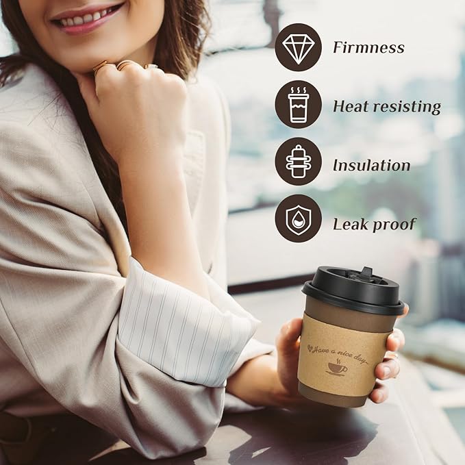 LITOPAK 100 Pack 10 oz Paper Coffee Cups with Lids, Sleeves, and Stirring Sticks for Coffee, Water