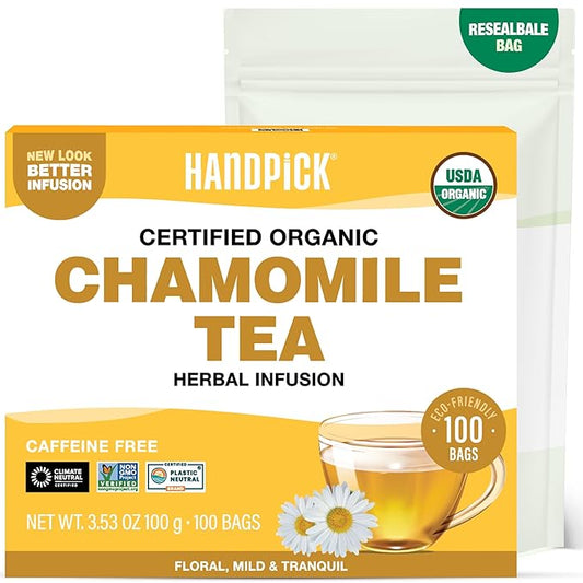HANDPICK, Organic Chamomile Tea Bags (100 Herbal Tea Bags) Caffeine Free| Premium Floral Chamomile
