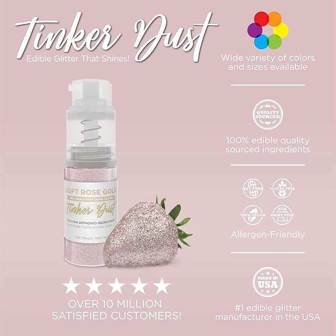 Bakell - Soft Rose Gold Tinker Dust (4g, 1x Mini Spray Pump) Edible Glitter for Food, Desserts, and