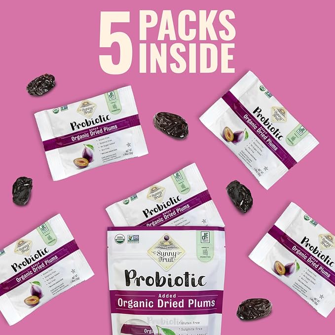 Sunny Fruit Organic Probiotic Pitted Prunes - 6 Bags (30 Individual Portion Packs) | No