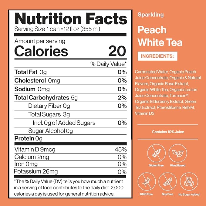 Happy Being Sparkling Nutrient-Rich Peach Rose White Tea – Infused with Turmeric, Elderberry