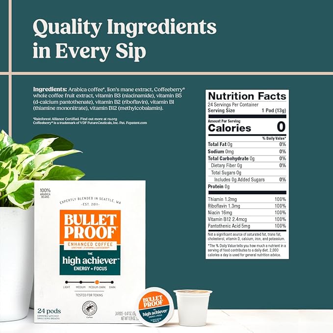 Bulletproof The High Achiever Single-Serve Pods, 72 count, Medium-Dark Roast Enhanced Coffee with