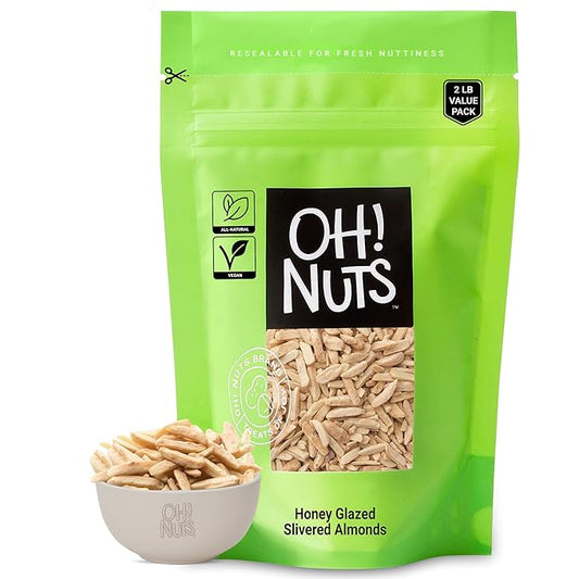 Oh! Nuts Almonds Honey Glazed Slivered - Raw - 100% Natural - 2 lb - High-Protein Almond - Packed