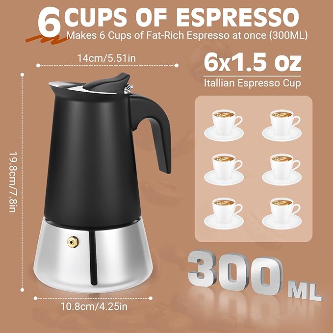 Moka Pot, 6 Cups (10.6 oz) Stovetop Espresso Maker, 304 Stainless Steel Moka Pot, Induction
