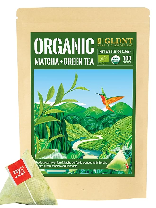 GLDNT Organic Matcha Green Tea Bags, Premium Organic Japanese Matcha + Sencha Green Tea, Rich in