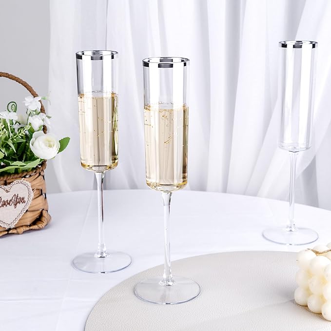 Ciaell 24 Pack Silver Plastic Champagne Flutes - 6 Oz Disposable Champagne Glasses - Square Silver