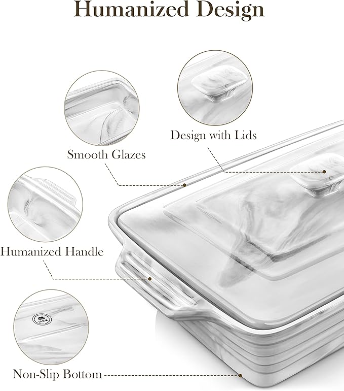 MALACASA Large Casserole Dish with Lid, 4.4 Quart Ceramic Baking Dish for Oven, 13 x 9 Lasagna Pan