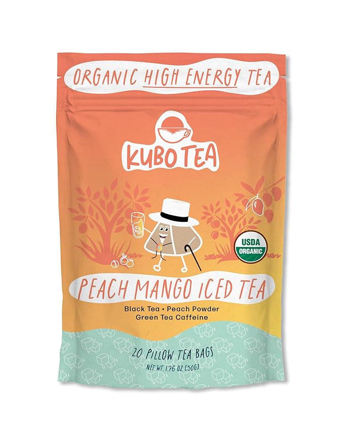 Kubo Tea Peach Mango Black Iced Tea - Organic Pillow Tea Bags - High Caffeine Coffee Alternative w/