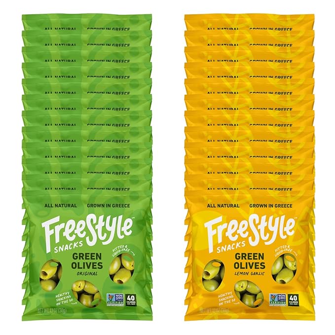 Freestyle Snacks Olive Snack Packs - Single Serve - Fresh Pitted Green Olives, Jumbo-Sized, Grown