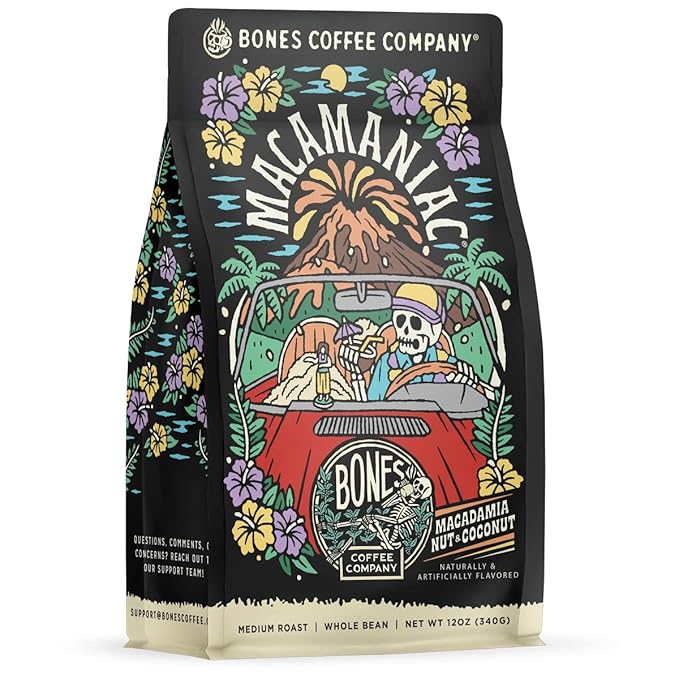 Bones Coffee Company Macamaniac, Macadamia and Coconut Flavored Coffee, Medium Roast Low Acid