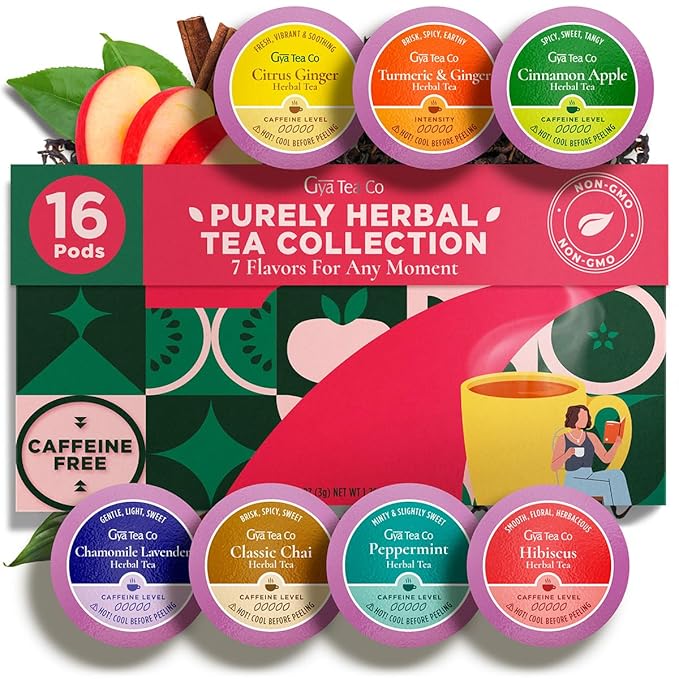 Gya Tea Co Caffeine Free Tea Gift Set Purely Herbal Collection Tea Pod (16 ct) - 7 Flavors Assorted