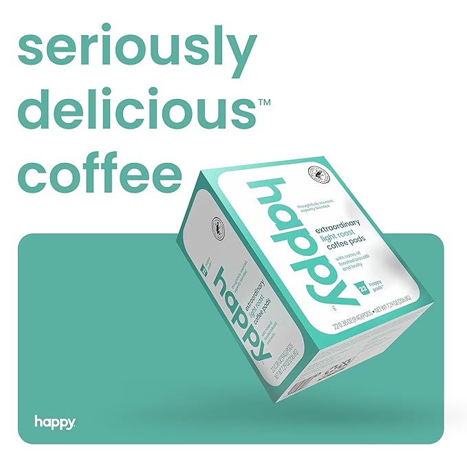 happy coffee light roast coffee pods, 22 count, notes of toasted biscotti and levity, compatible