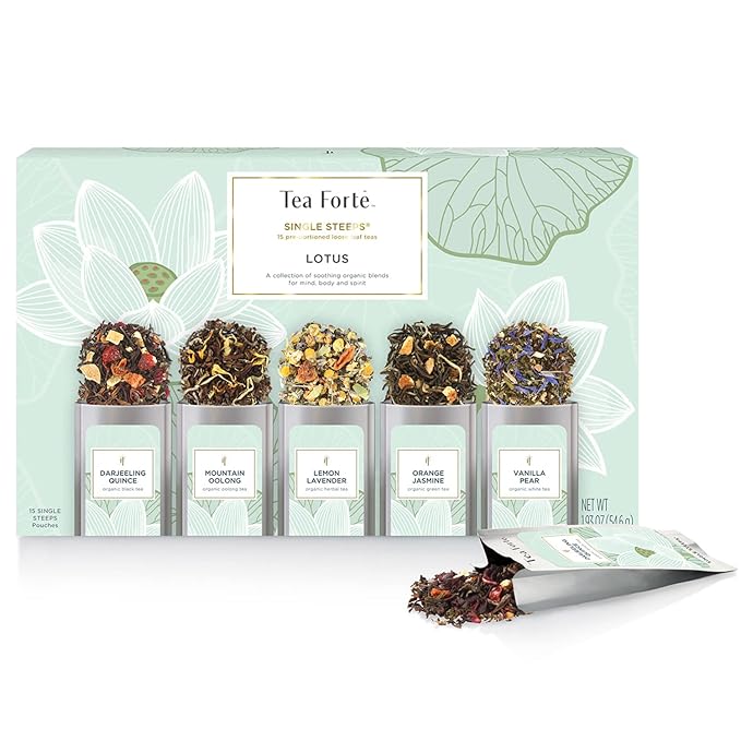 Tea Forte Lotus Single Steeps Loose Leaf Premium Tea Gift Set Sampler, 15 Count 3 of Each Assorted