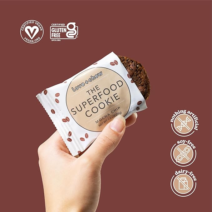 Love + Chew, Mocha Chip Minis - 18 Count - Tasty Gluten Free Cookies - Vegan - Healthy, Paleo, Non