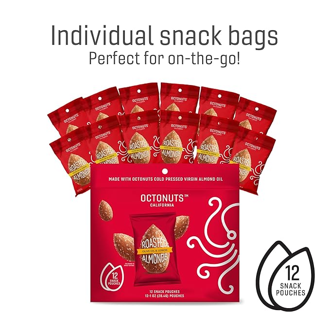 Octonuts Olive Oil & Lemon Almonds – 12 Individually Wrapped Snack Packs (1oz Each), Healthy Snacks