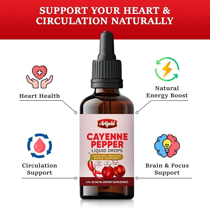 Arigold Cayenne Pepper Liquid Drops ??2 fl oz (60 ml) Vegan Supplement with Vitamin D3 K2, Hawthorn