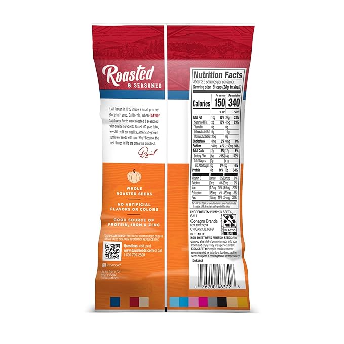 DAVID Roasted and Salted Pumpkin Seeds, 2.25 oz, 12 Pack