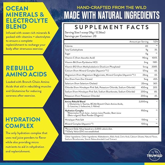 TruWild Natural Hydration Powder with Zero Sugar, Vegan Electrolytes + Amino Acids, Recovery Drink