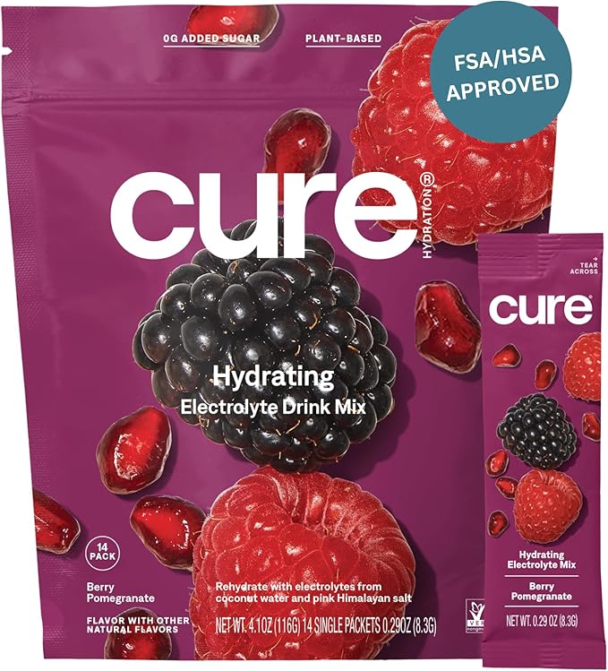Cure Hydration | Plant-Based Electrolyte Drink Mix | No Added Sugar | FSA-HSA | Dehydration Relief