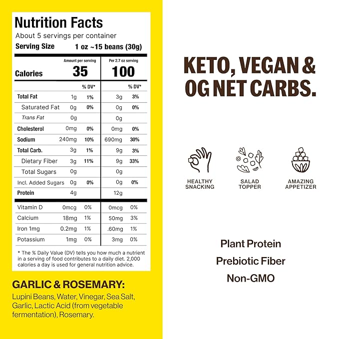 Brami Lupini Beans Snack, Garlic & Rosemary | 7g Plant Protein, 0g Net Carbs | Vegan, Vegetarian
