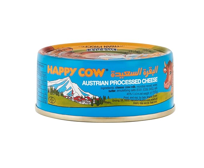 Happy Cow Halal Austrian Processed Cheese 4 OZ (113g) Easy Open Can, Rich Cheddar Flavor, Long