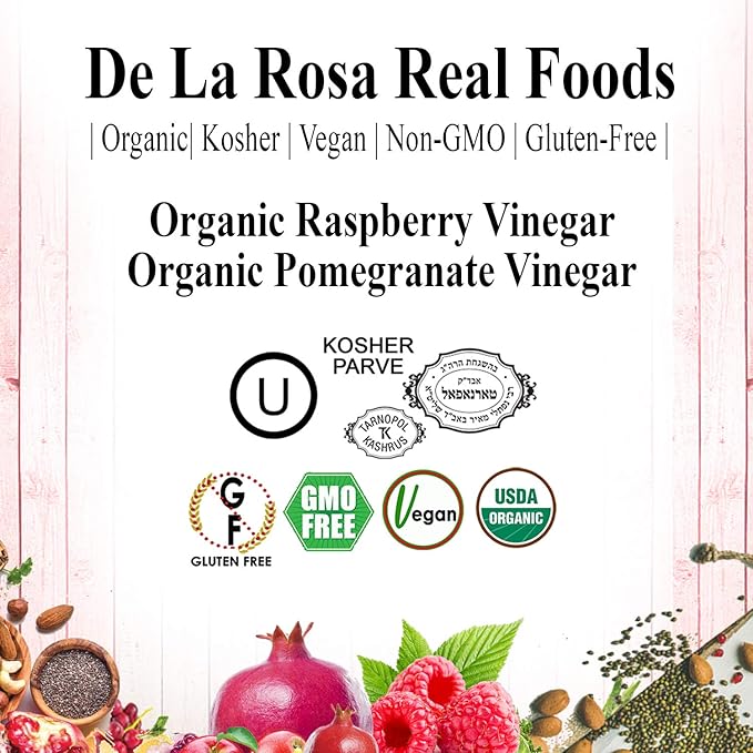 De La Rosa Organic Raspberry & Pomegranate Vinegar, Raw & Unfiltered, Vegan, Gluten Free & Kosher