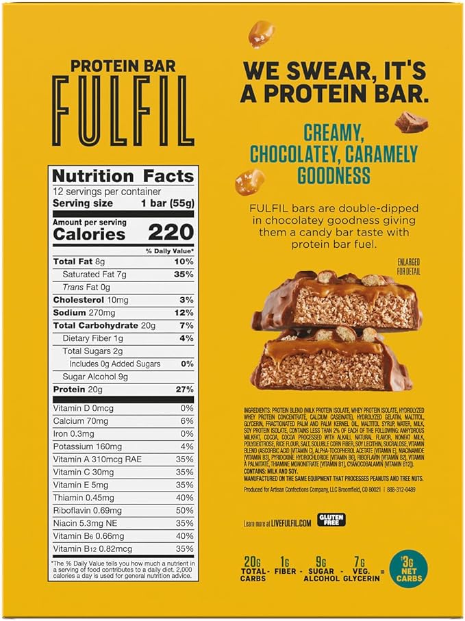 FULFIL Protein Bars, Chocolate Salted Caramel Flavored, Gluten Free with 20g Protein, Pantry