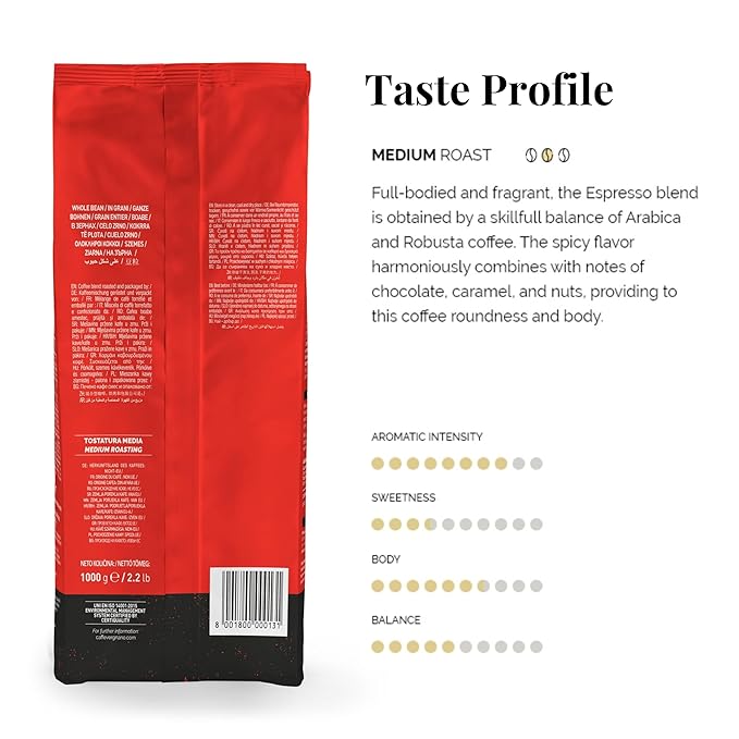 Caffe Vergnano 1882 Espresso Whole Bean Arabica Roast Coffee, 2.2 lb bag - Italian Medium Roast