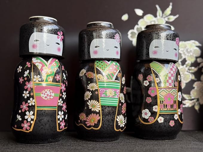 Japanese Traditional Kokeshi Design Sake Wine Soju Ceramic Set with 1 Ochoko Cup and 1 Tokkuri