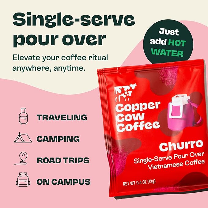 Copper Cow Premium Pour Over Single-Serve Vietnamese Coffee | Churro | Dark Roast | Flavored with