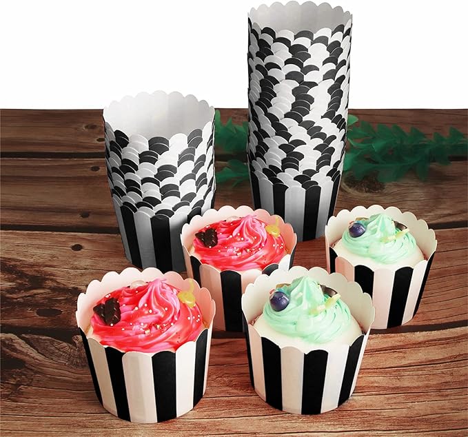 50 Pack Muffin Liners Baking Paper Cups Black and White Stripes Cupcake Liners Elegent Muffins