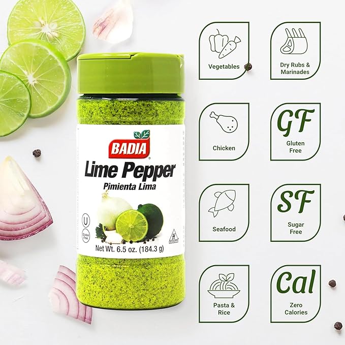 Badia Lime Pepper Seasoning, 6.5 oz - Pepper, Garlic & Onion, Zesty Citrus Blend for Chicken